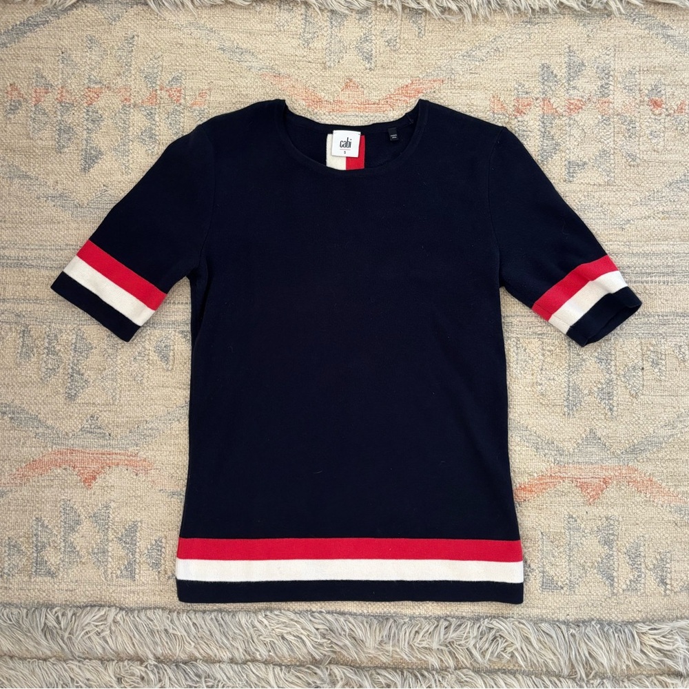 Navy Cabi short sleeve sweater with red and white striped